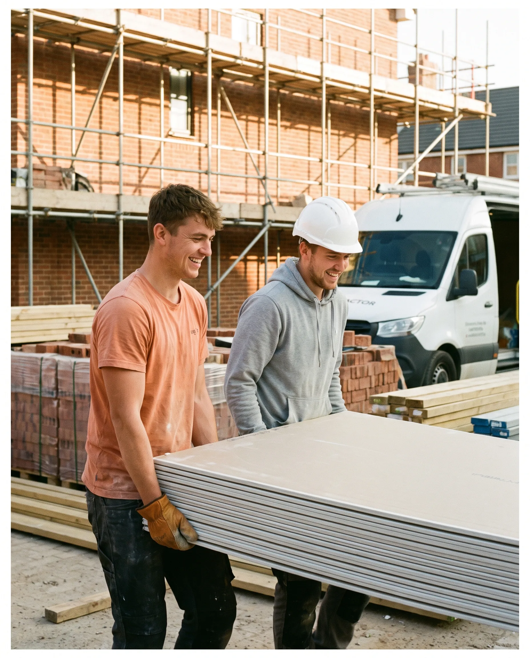 Twee bouwhelpers van StudentTopper Build dragen samen gipsplaten over de bouwplaats naar een gevel in de steigers